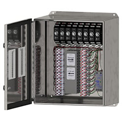 A stainless steel SCE410 signal conditioner enclosure with one twist lock closure, shown with the front door open revealing eight signal conditioners mounted inside the enclosure.